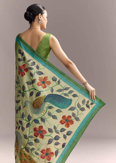Green Cotton Saree With Hand Painted Motifs And Blue Border
