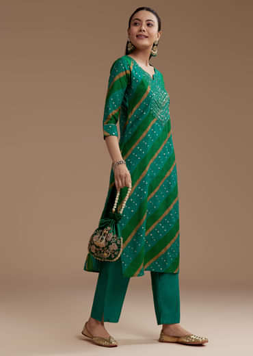 Green Cotton Silk Kurta Set with Foil Mirrors