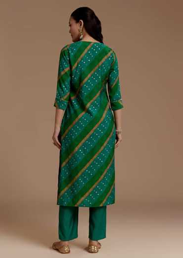 Green Cotton Silk Kurta Set with Foil Mirrors