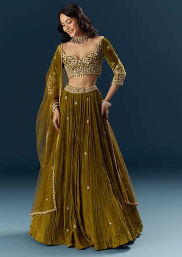 Green Crepe Bridal Lehenga With Cutdana Embroidery