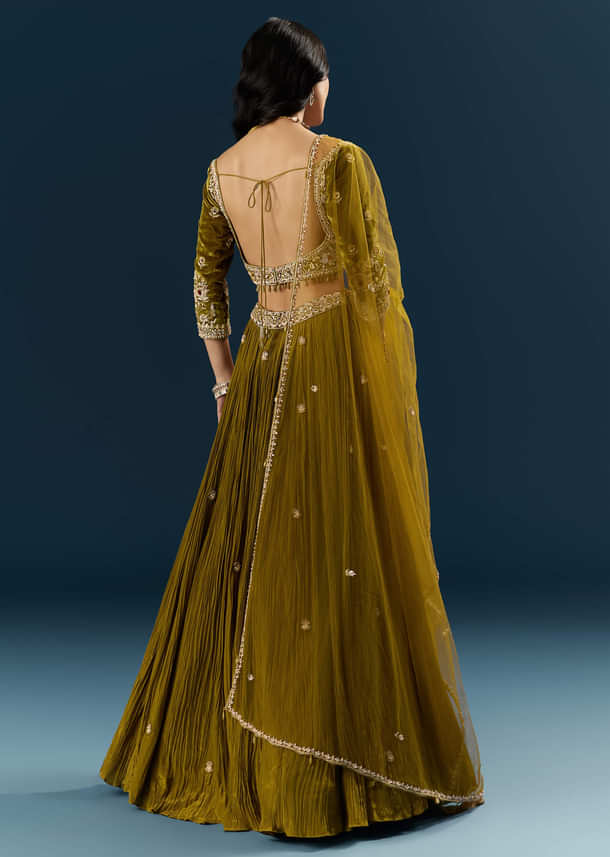 Green Crepe Bridal Lehenga With Cutdana Embroidery