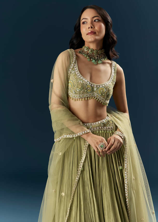 Green Crepe Bridesmaid Lehenga With Heavy Embroidery