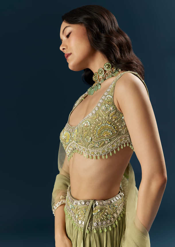 Green Crepe Bridesmaid Lehenga With Heavy Embroidery