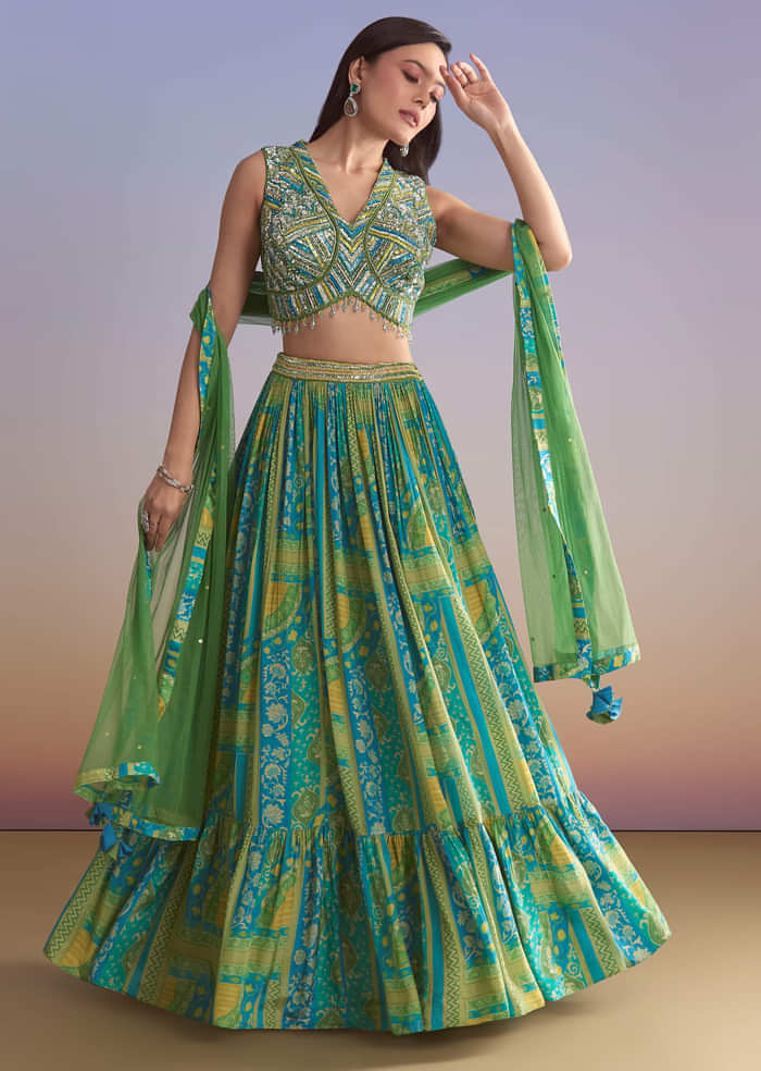 Green Crepe Printed Bridesmaid Lehenga With Embroidered Blouse