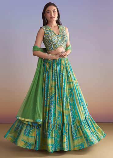 Green Crepe Bridesmaid Lehenga With Paisley Print