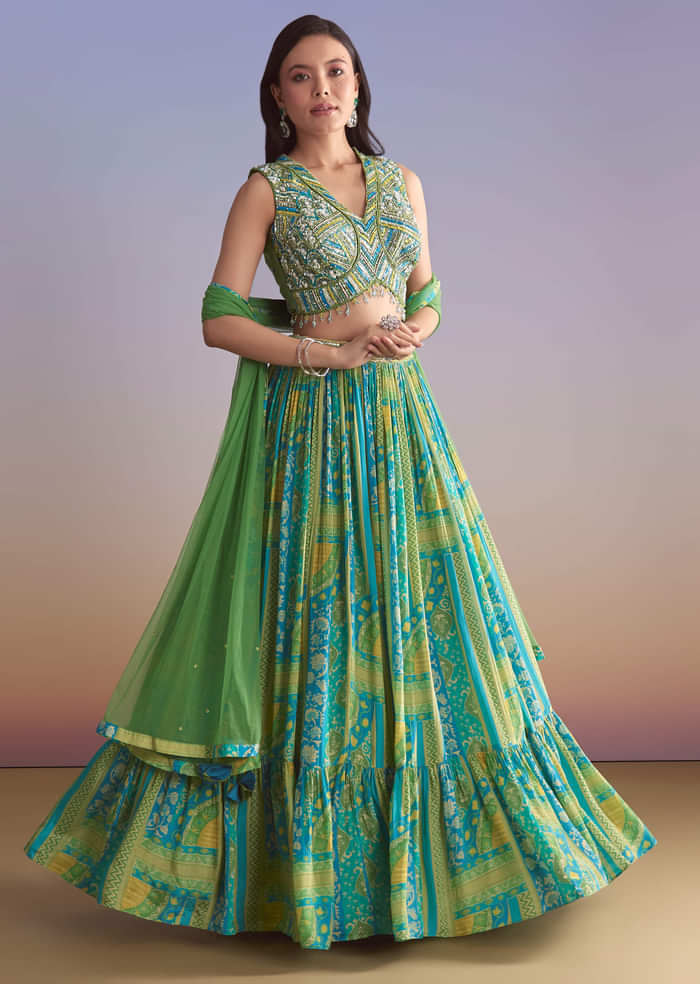 Green Crepe Printed Bridesmaid Lehenga With Embroidered Blouse