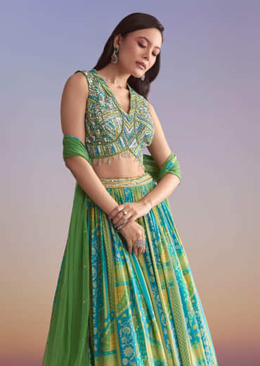 Green Crepe Bridesmaid Lehenga With Paisley Print