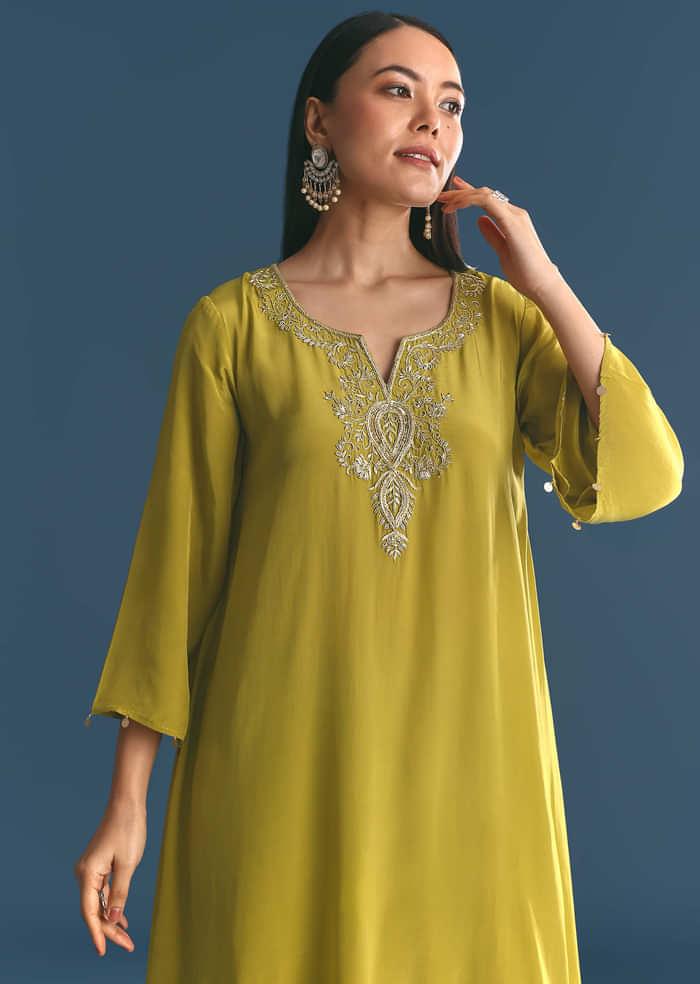 Green Crepe Gold Zardosi Kurta Pant With Dupatta