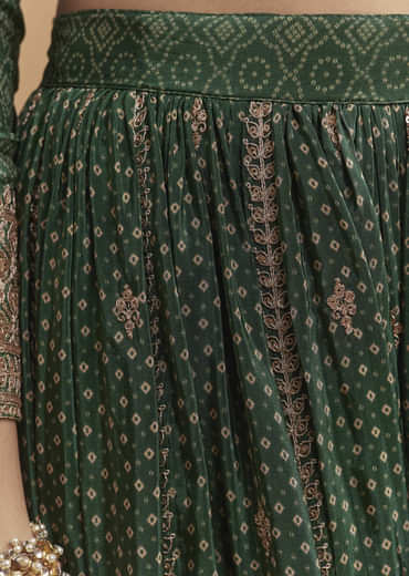 Green Crepe Palazzo Suit With Hand Embroidery And Bandhani Print