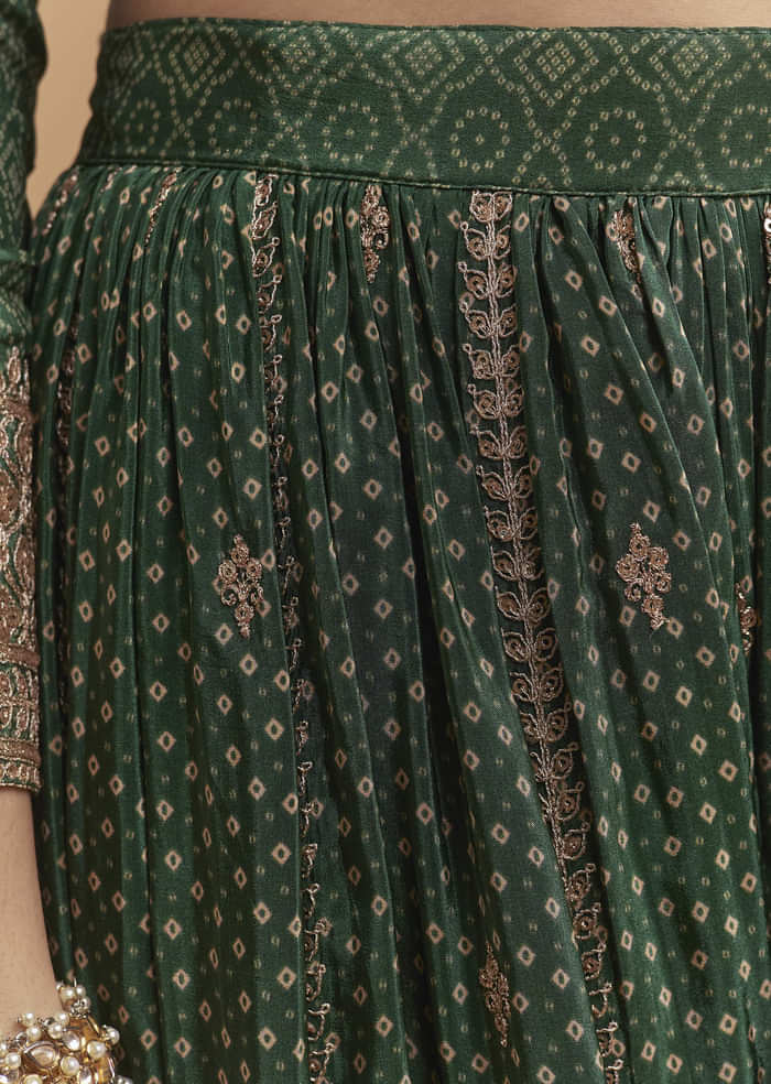 Green Crepe Palazzo Suit With Hand Embroidery And Bandhani Print