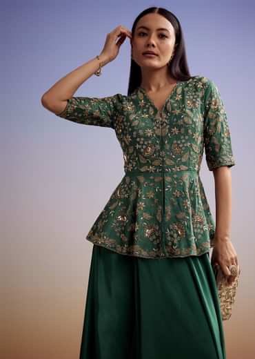 Green Crepe Peplum Crop Top And Palazzo Set With Zardosi Work