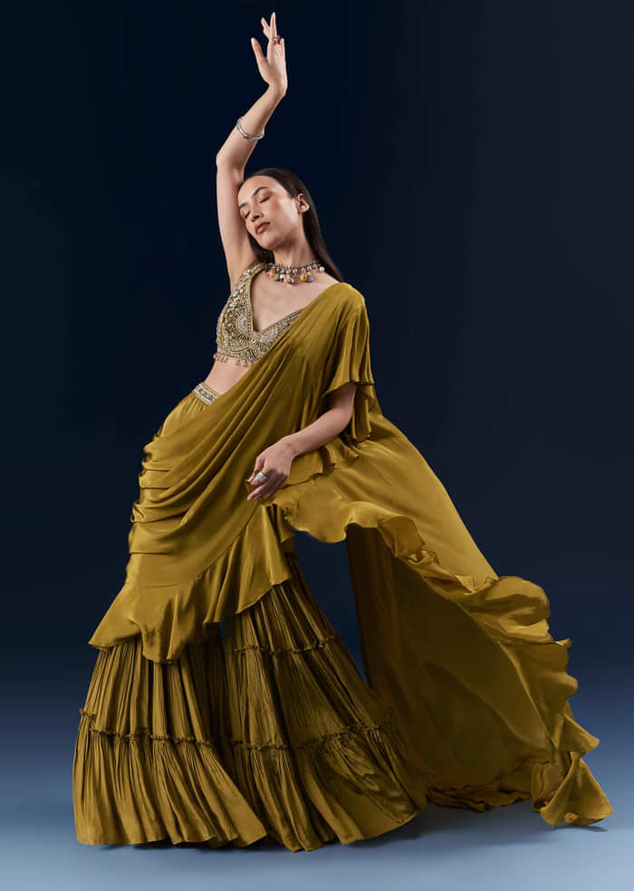 Green Crepe Ready Pleated Saree With Heavy Hand Embroidery