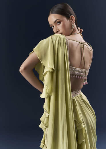 Green Crepe Ready Pleated Saree With Intricate Embroidery
