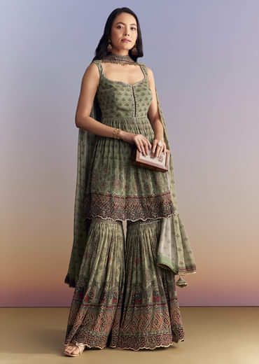 Green Crepe Sharara Suit With Indie Print And Stone Work