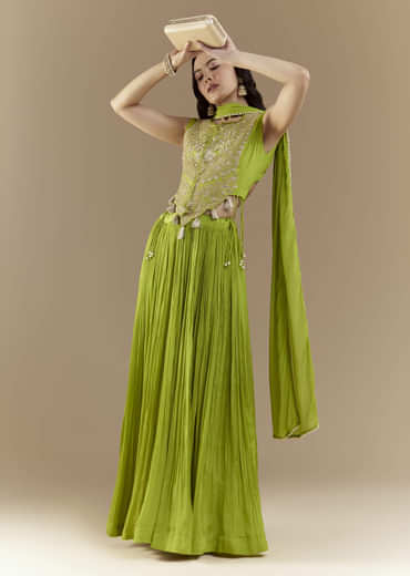 Green Crop Top Skirt Set with Zardozi Work