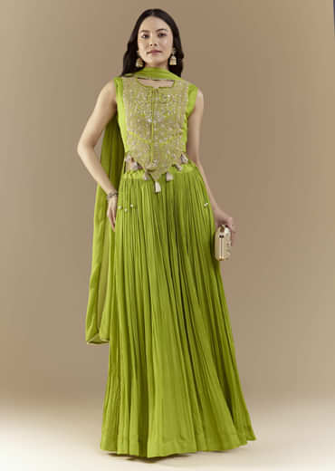 Green Crop Top Skirt Set with Zardozi Work