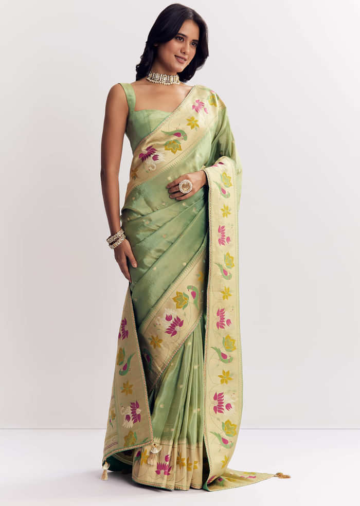 Green Dola Silk Paithani Saree With Dollar Butti And Multicolor Motif