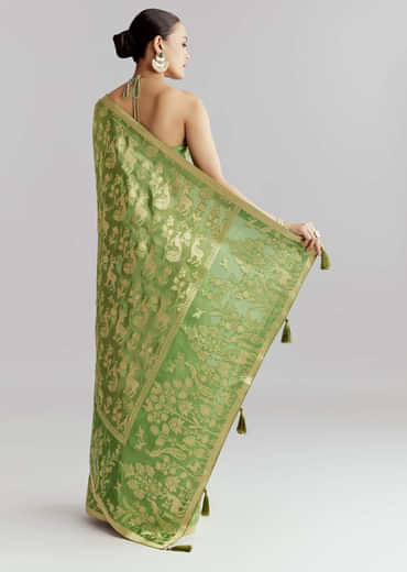 Green Dola Silk Woven Saree With Zari Motif Embroidery