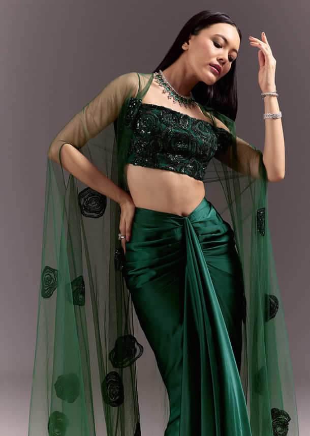 Green Drape Skirt Patched Jacket Set With Square Neck Blouse