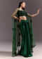 Green Drape Skirt Patched Jacket Set With Square Neck Blouse