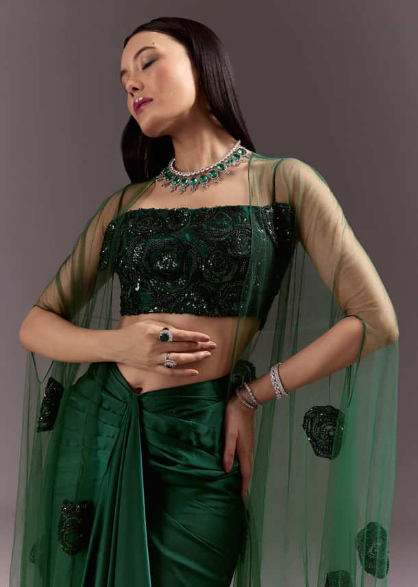 Green Drape Skirt Patched Jacket Set With Square Neck Blouse