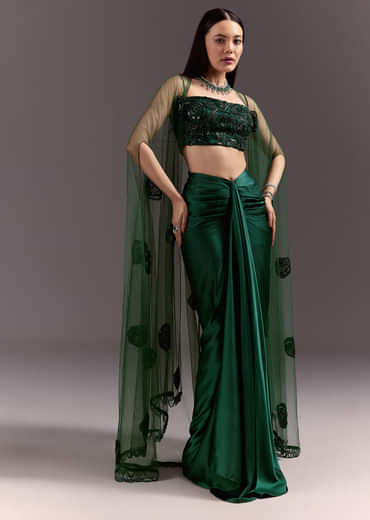 Green Drape Skirt Patched Jacket Set With Square Neck Blouse