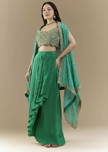 Green Embellished Crop Top Skirt Set with Leheriya Cape