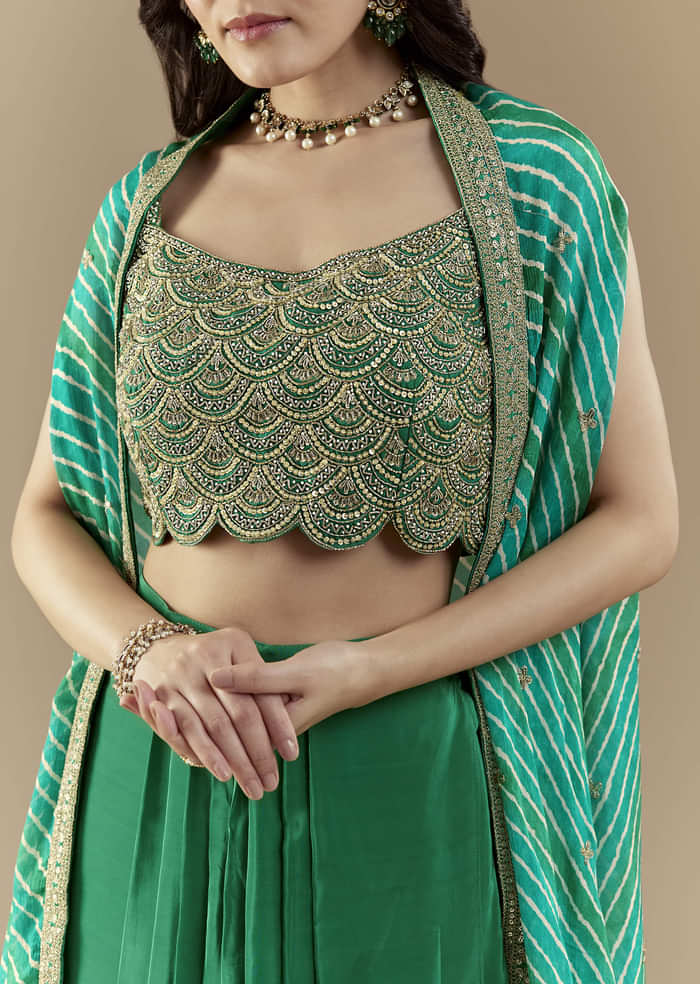 Green Embellished Crop Top Skirt Set with Leheriya Cape