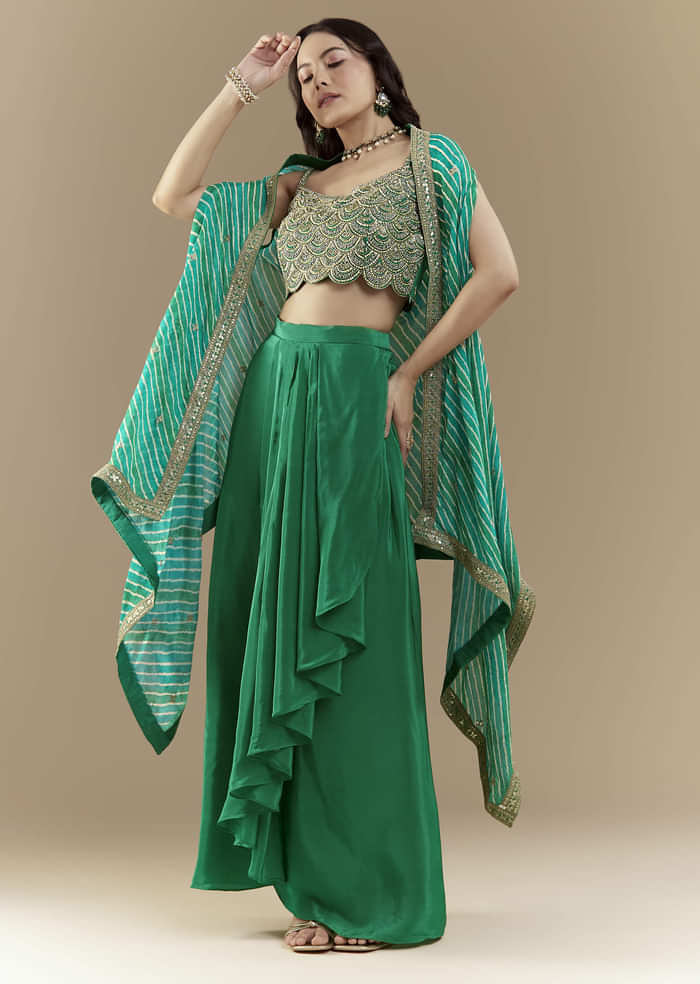 Green Embellished Crop Top Skirt Set with Leheriya Cape