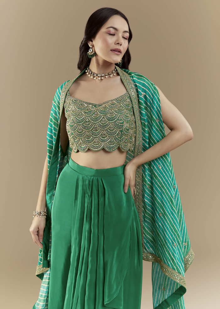 Green Embellished Crop Top Skirt Set with Leheriya Cape