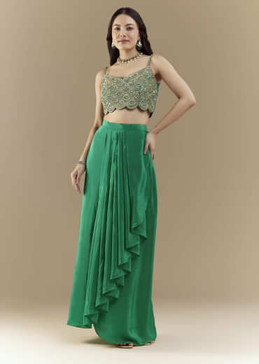Green Embellished Crop Top Skirt Set with Leheriya Cape