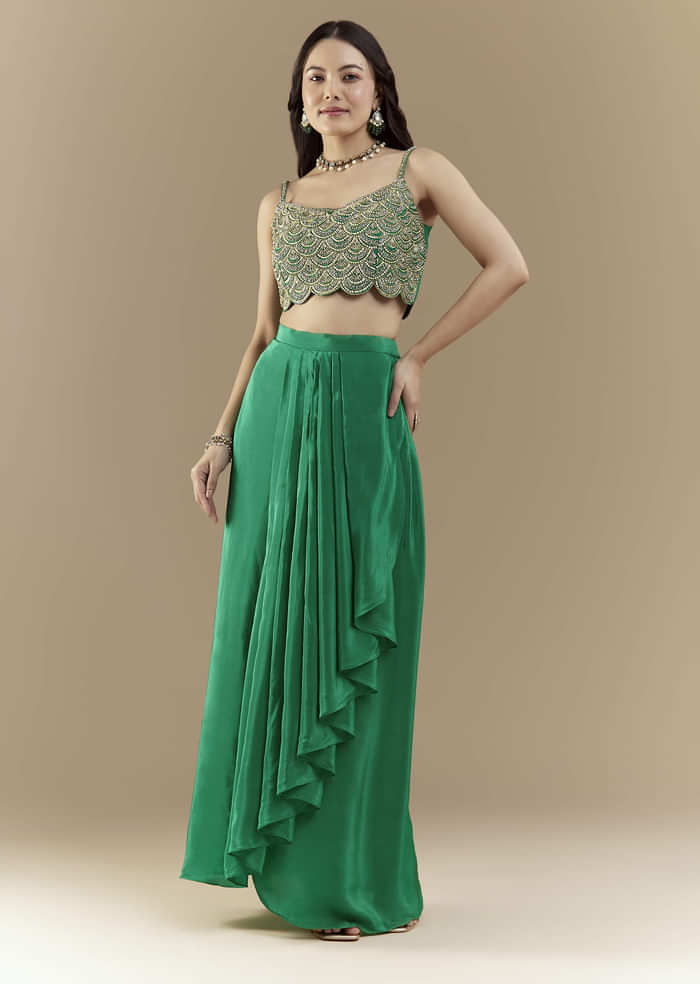 Green Embellished Crop Top Skirt Set with Leheriya Cape