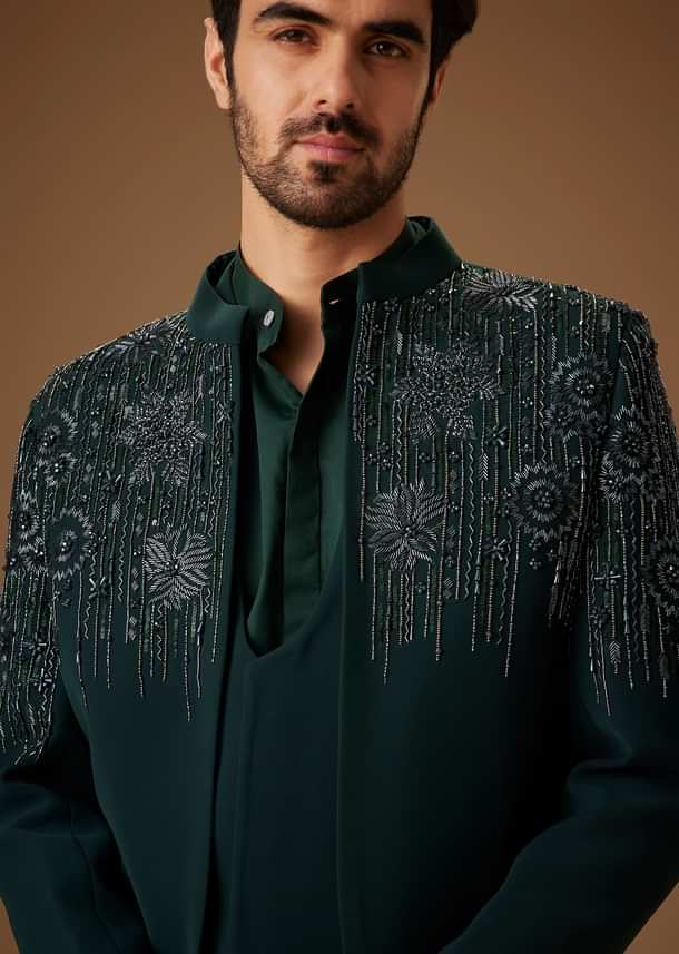 Green Embroidered Indo Western Jacket Set