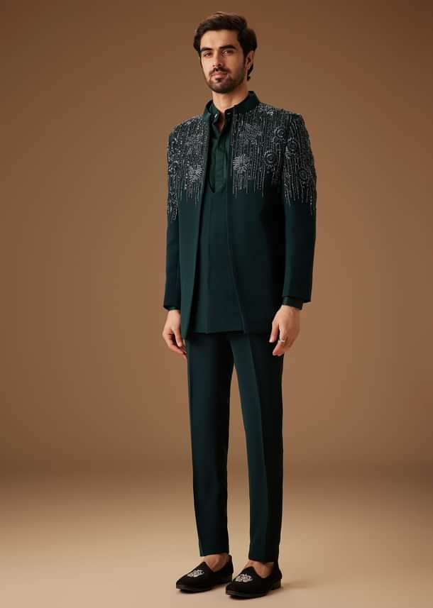 Green Embroidered Indo Western Jacket Set