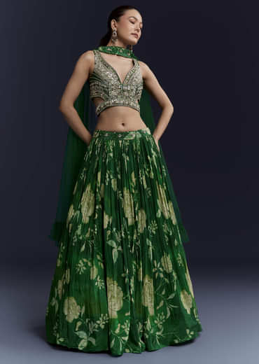 Green Floral Print Bridesmaid Crepe Lehenga Set