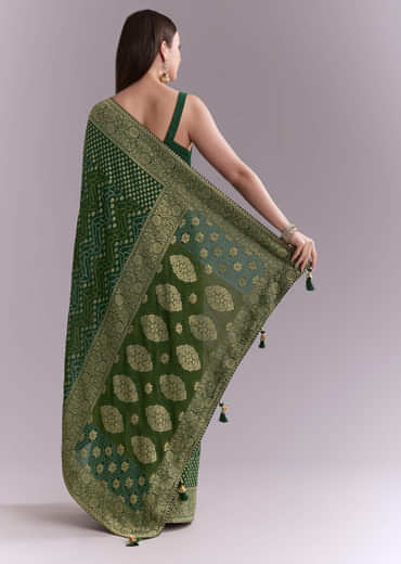 Green Georgette Bandhani Saree With Butti And Floral Border