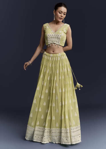 Green Georgette Bridesmaid Lehenga With Sequins And Thread Work