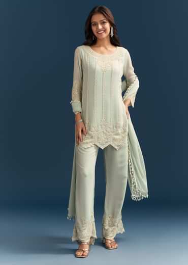 Green Georgette Kurta Set With Beads Detailing