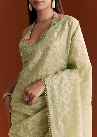 Green Glass Tissue Saree With Sequins And Cutdana Beaded Border