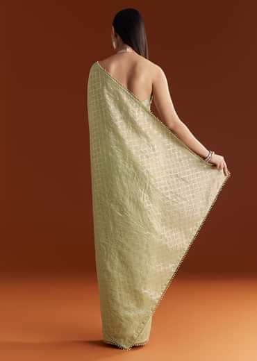 Green Glass Tissue Saree With Sequins And Cutdana Beaded Border