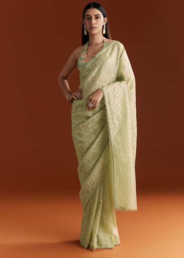 Green Glass Tissue Saree With Sequins And Cutdana Beaded Border