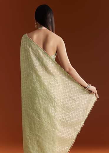 Green Glass Tissue Saree With Sequins And Cutdana Beaded Border