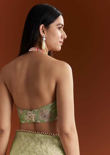 Green Glass Tissue Saree With Sequins And Cutdana Beaded Border