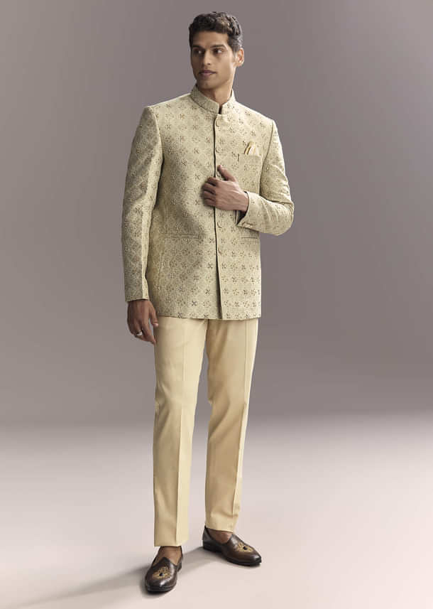 Green Jacquard Jodhpuri Suit For Men With Subtle Embroidery Green Jacquard Jodhpuri Suit For Men With Subtle Embroidery