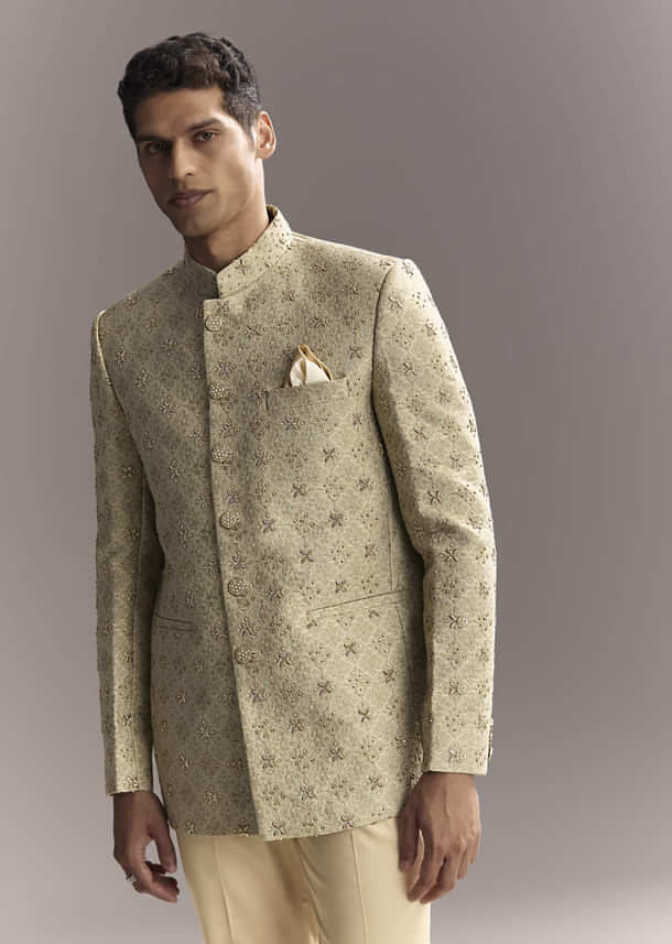 Green Jacquard Jodhpuri Suit For Men With Subtle Embroidery Green Jacquard Jodhpuri Suit For Men With Subtle Embroidery