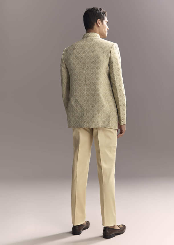 Green Jacquard Jodhpuri Suit For Men With Subtle Embroidery Green Jacquard Jodhpuri Suit For Men With Subtle Embroidery
