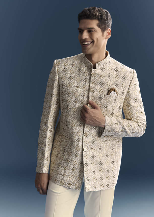 Green Jacquard Jodhpuri Suit For Men With Zardosi And Sequins Embroidery Green Jacquard Jodhpuri Suit For Men With Zardosi And Sequins Embroidery