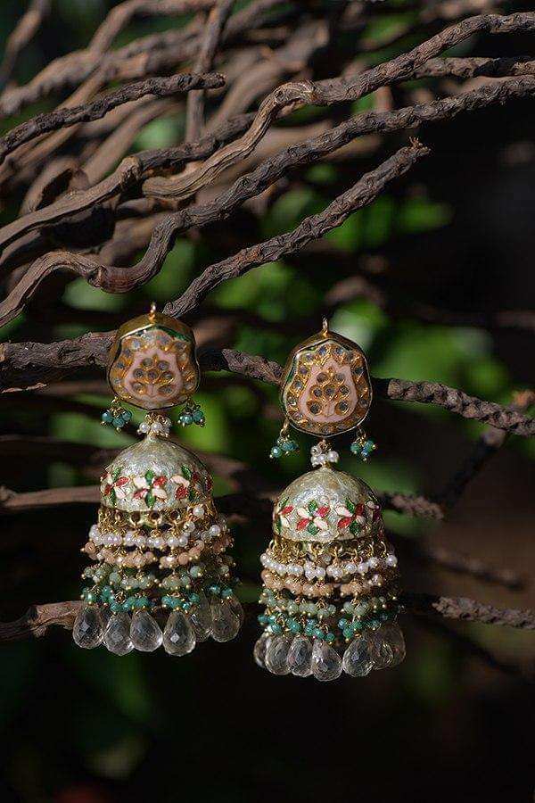 Green Jhumkas With Carved Floral Mina Work, Kundan And Dangling Colorful Bead Fringes