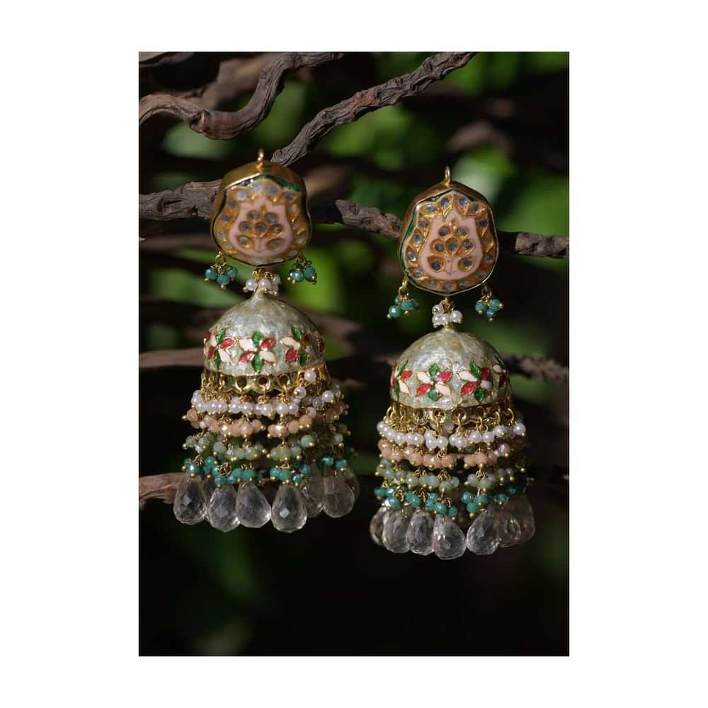 Green Jhumkas With Carved Floral Mina Work, Kundan And Dangling Colorful Bead Fringes