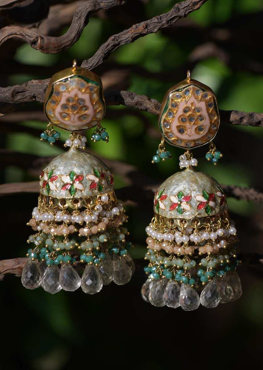 Green Jhumkas With Carved Floral Mina Work, Kundan And Dangling Colorful Bead Fringes